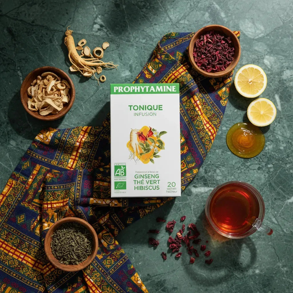 Infusion Tonique Biologique PROPHYTAMINE posée sur tissu coloré avec ingrédients naturels : ginseng, hibiscus, thé vert et citron.