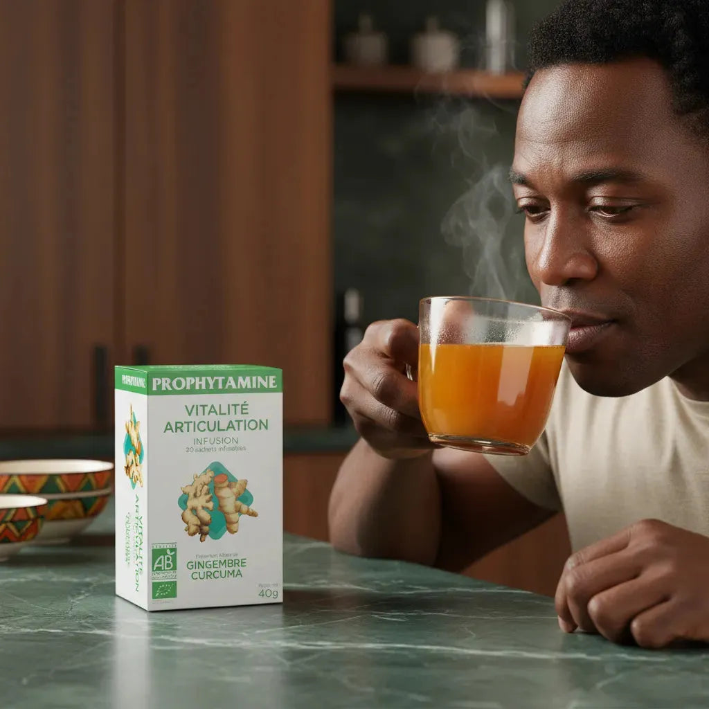 Homme dégustant une tasse d'infusion articulation bio PROPHYTAMINE, idéale pour soutenir les articulations et la vitalité au quotidien.