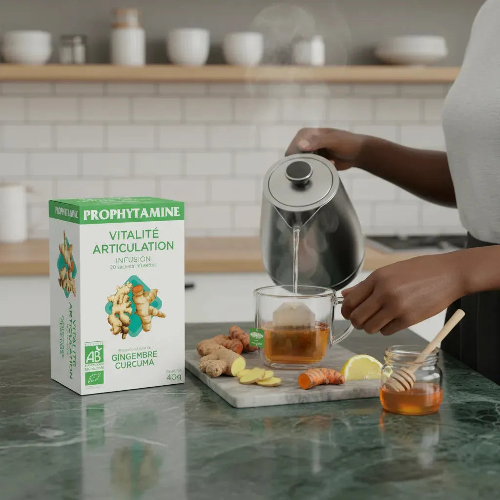 Préparation d'une infusion articulation bio PROPHYTAMINE avec eau chaude, gingembre, curcuma, citron et miel dans une cuisine moderne.
