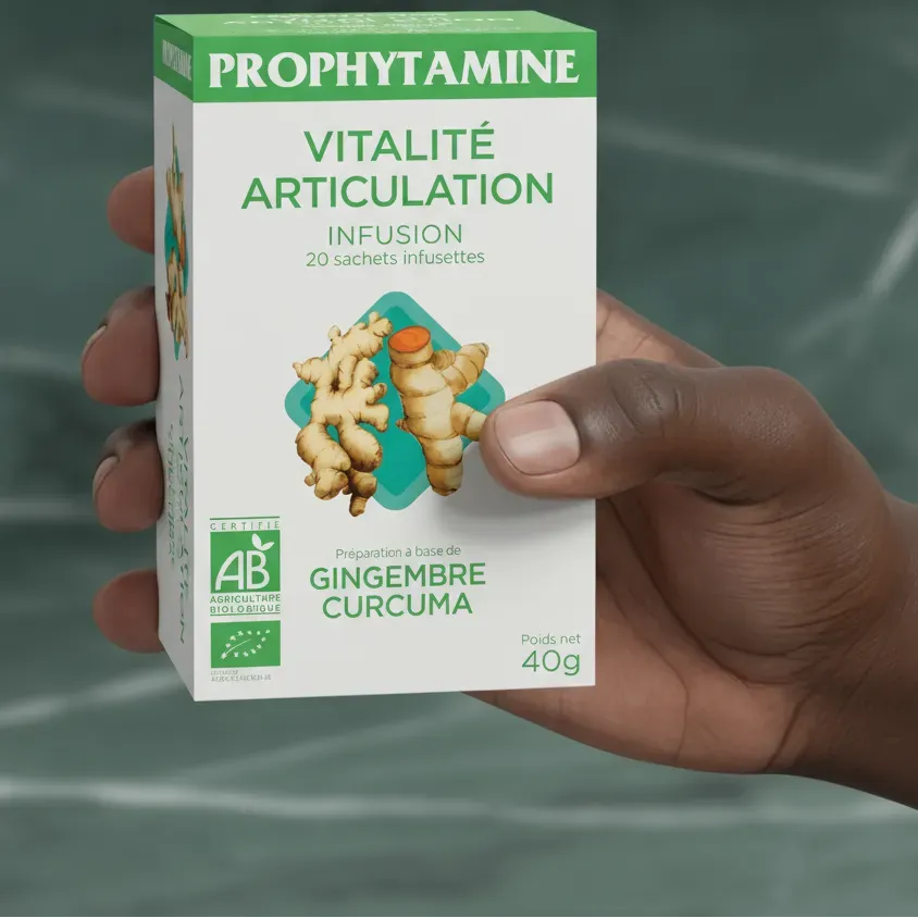 Main tenant une boîte d'infusion articulation bio PROPHYTAMINE au gingembre et curcuma, certifiée bio pour le confort articulaire.