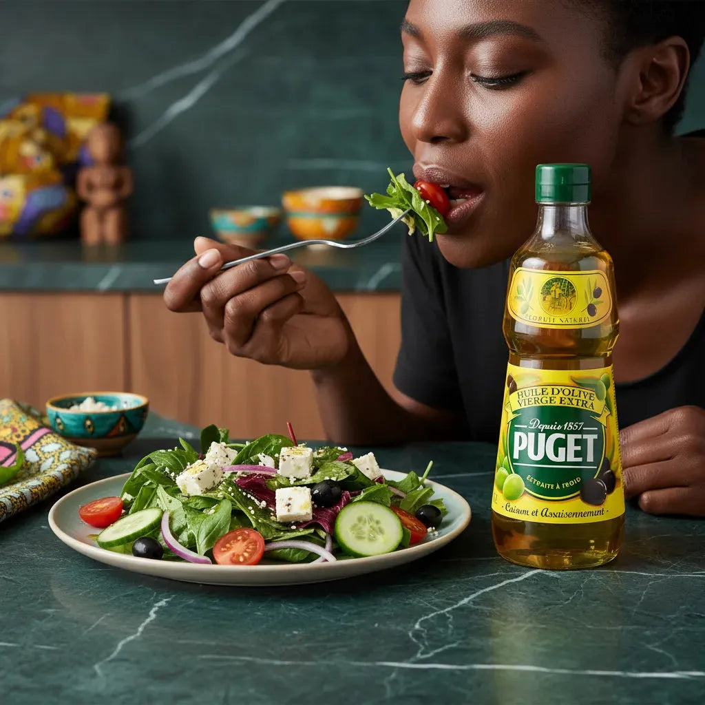 Femme dégustant une salade assaisonnée avec l'huile d'olive PUGET, révélant son goût riche et son usage idéal pour plats frais et sains.