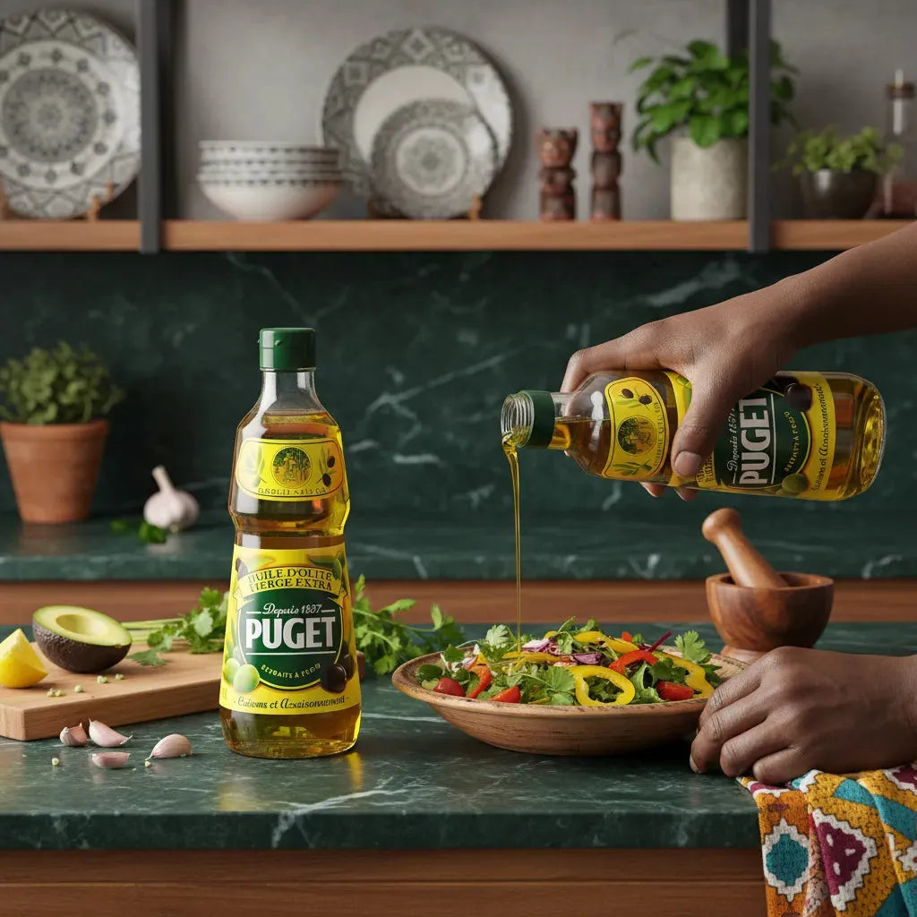 Huile d'olive PUGET versée sur une salade colorée, mettant en valeur sa richesse aromatique et sa place essentielle en épicerie salée.