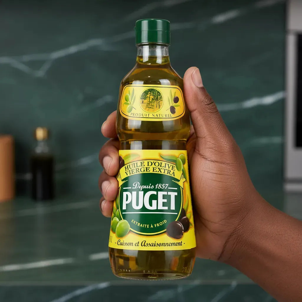 Main tenant une bouteille d'huile d'olive PUGET, parfaite pour une utilisation culinaire polyvalente. Produit naturel au goût riche.