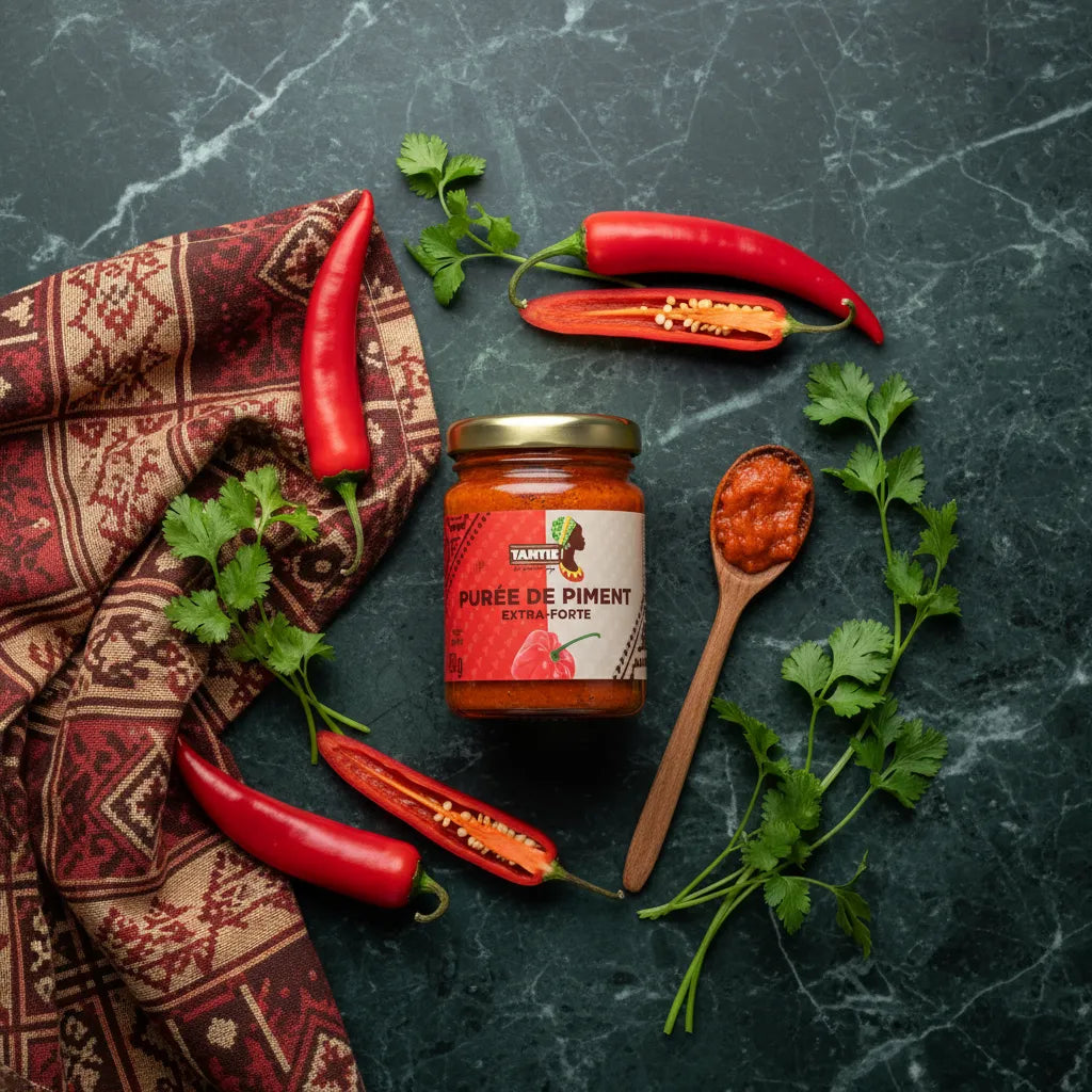 Purée de piments extra forte TANTIE - Piquant entourée de piments rouges frais, coriandre et cuillère en bois, condiment phare en épicerie salée.