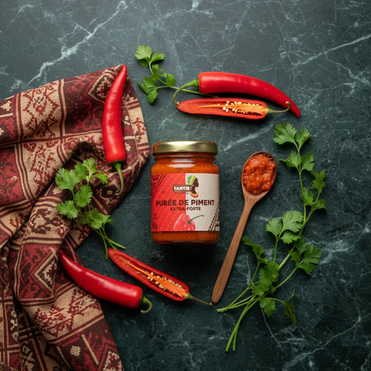 Purée de piments extra forte TANTIE - Piquant entourée de piments rouges frais, coriandre et cuillère en bois, condiment phare en épicerie salée.
