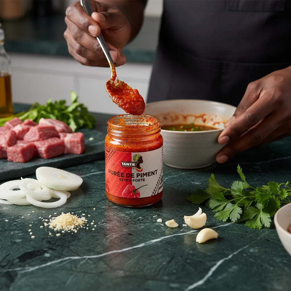 Purée de piments extra forte TANTIE - Piquant utilisée en cuisine avec viande, ail et herbes, parfaite pour relever vos plats épicés maison.