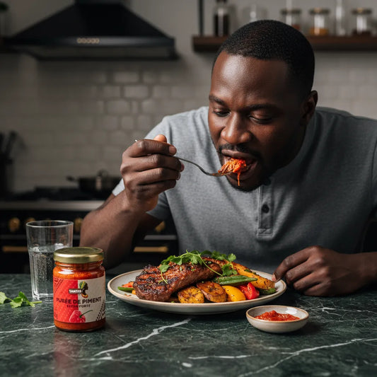 Purée de piments extra forte TANTIE - Piquant dégustée avec un plat de viande grillée et légumes, idéale pour les amateurs de sauces relevées.