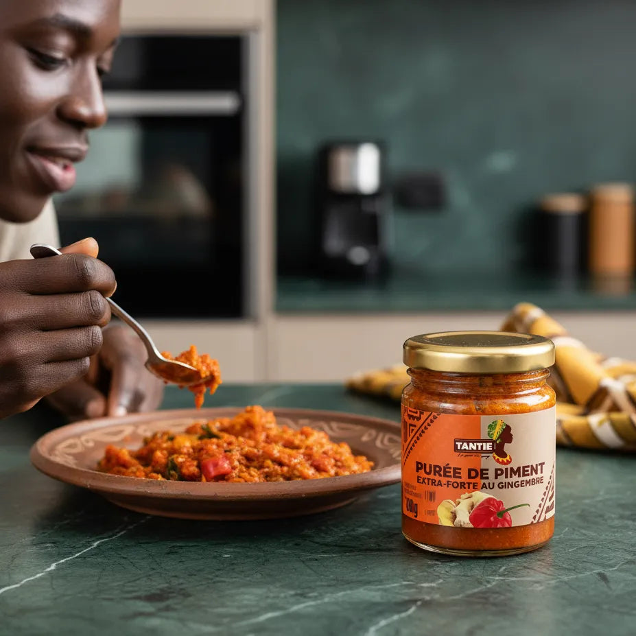 Purée de piments gingembre TANTIE dégustée avec un plat épicé, idéale pour une cuisine relevée et savoureuse.