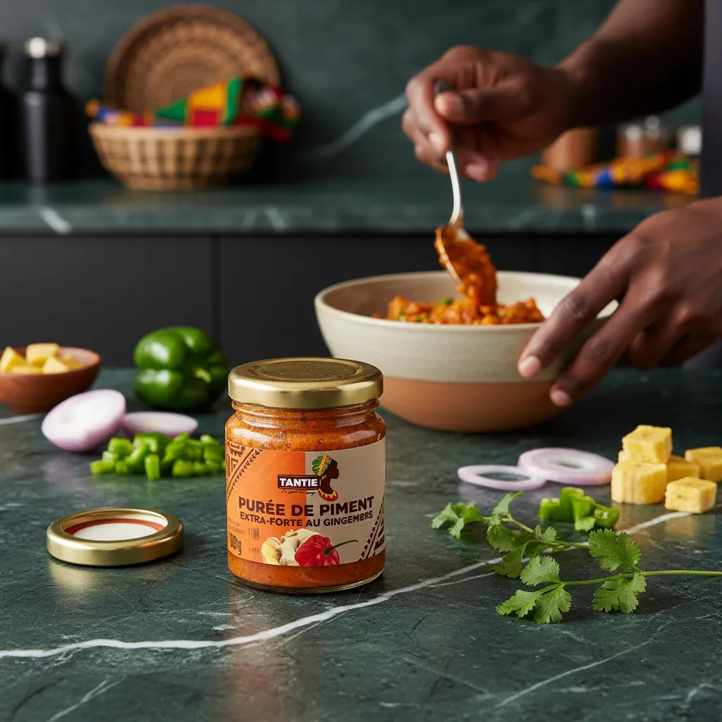Purée de piments gingembre TANTIE sur plan de travail avec légumes frais, utilisée dans un plat épicé en préparation.
