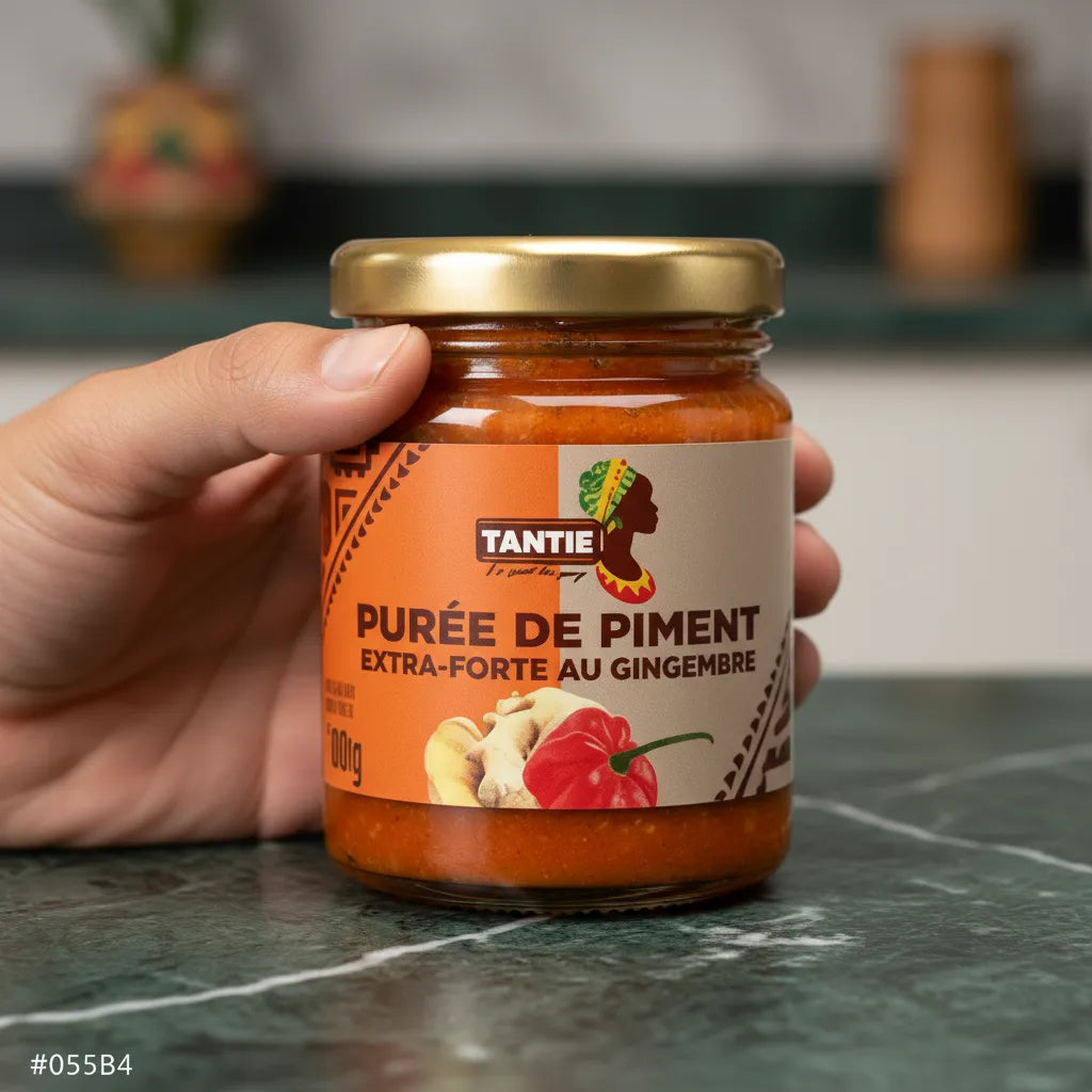 Main tenant un pot de purée de piments gingembre TANTIE - Sensations épicées, condiment intense pour plats exotiques.