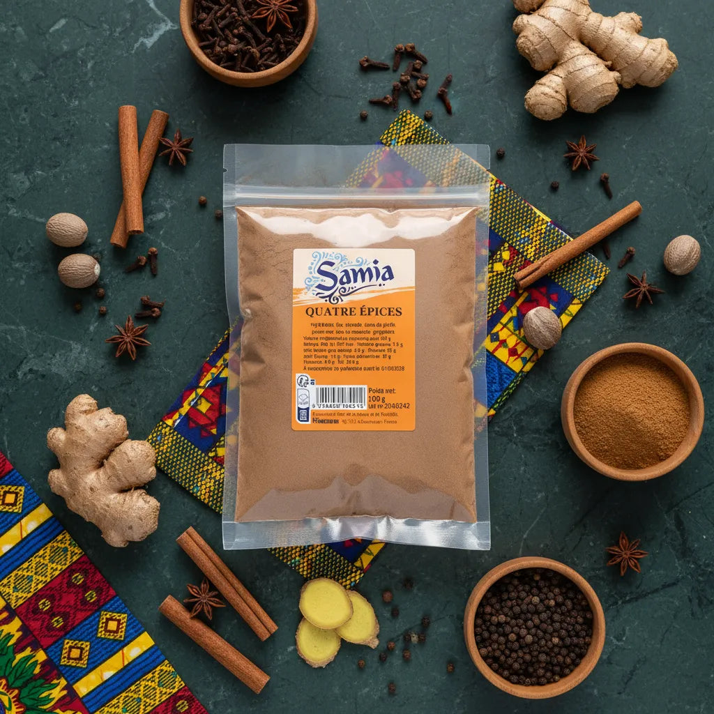 Sachet de 4 Épices SAMIA entouré d'ingrédients bruts comme cannelle, gingembre et clous de girofle sur fond décoratif africain.