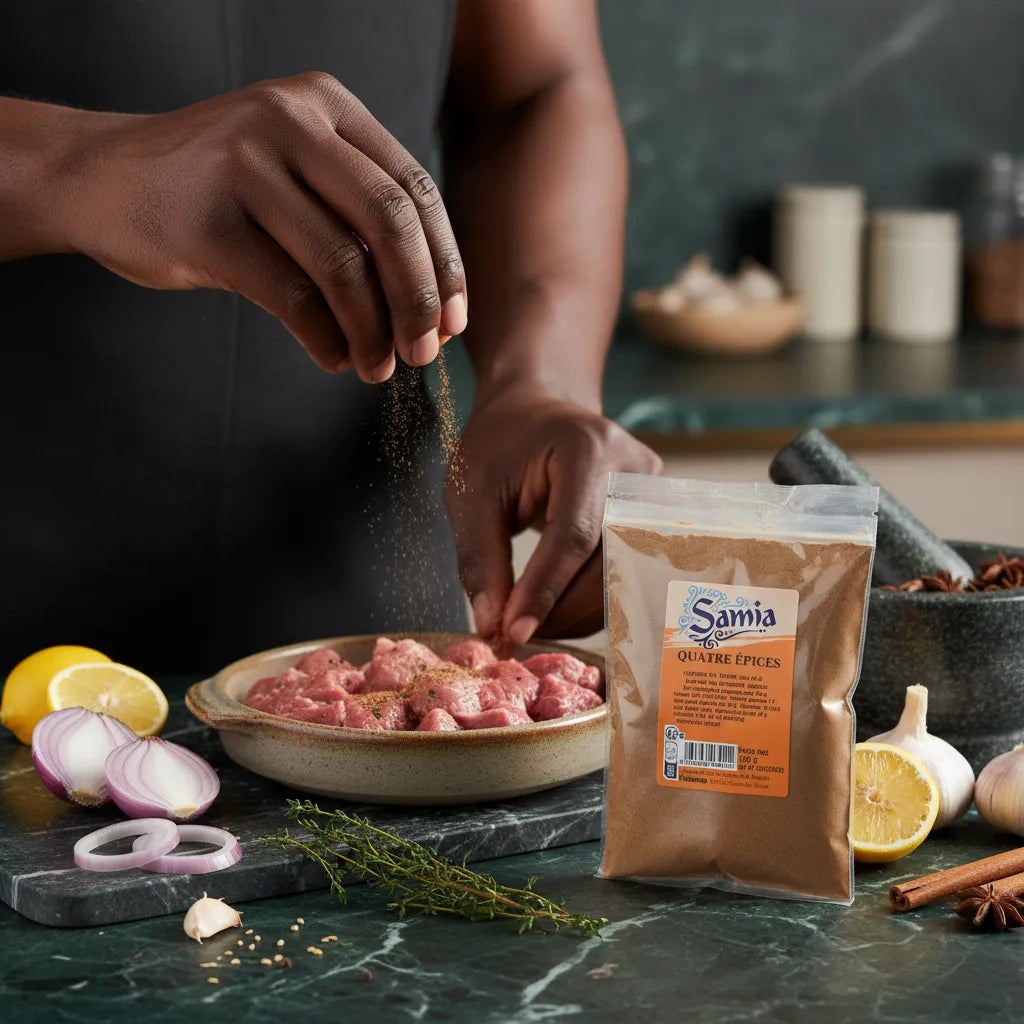 Cuistot saupoudrant 4 Épices SAMIA sur viande crue, illustrant l'utilisation du mélange authentique aux saveurs exotiques en cuisine.