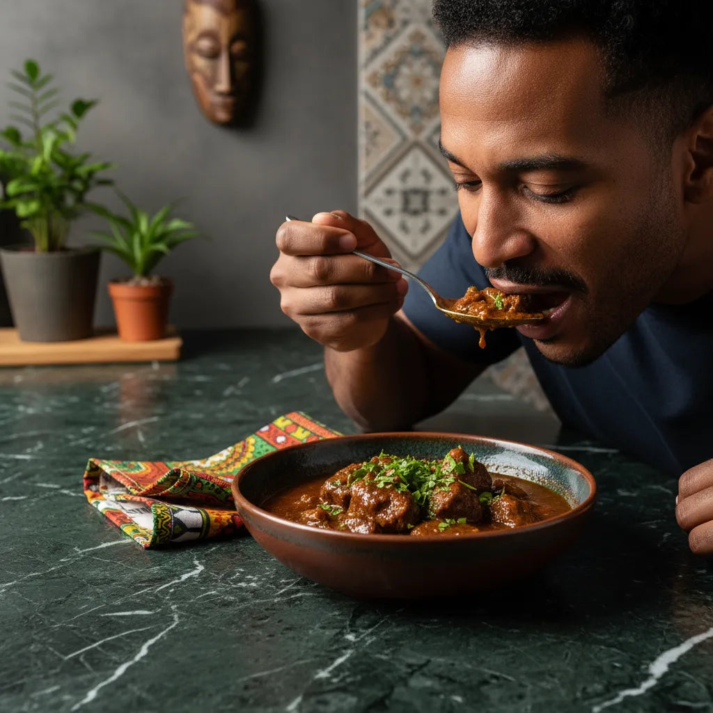 Homme dégustant un plat mijoté relevé avec le mélange 4 Épices SAMIA, révélant ses arômes exotiques et équilibrés.