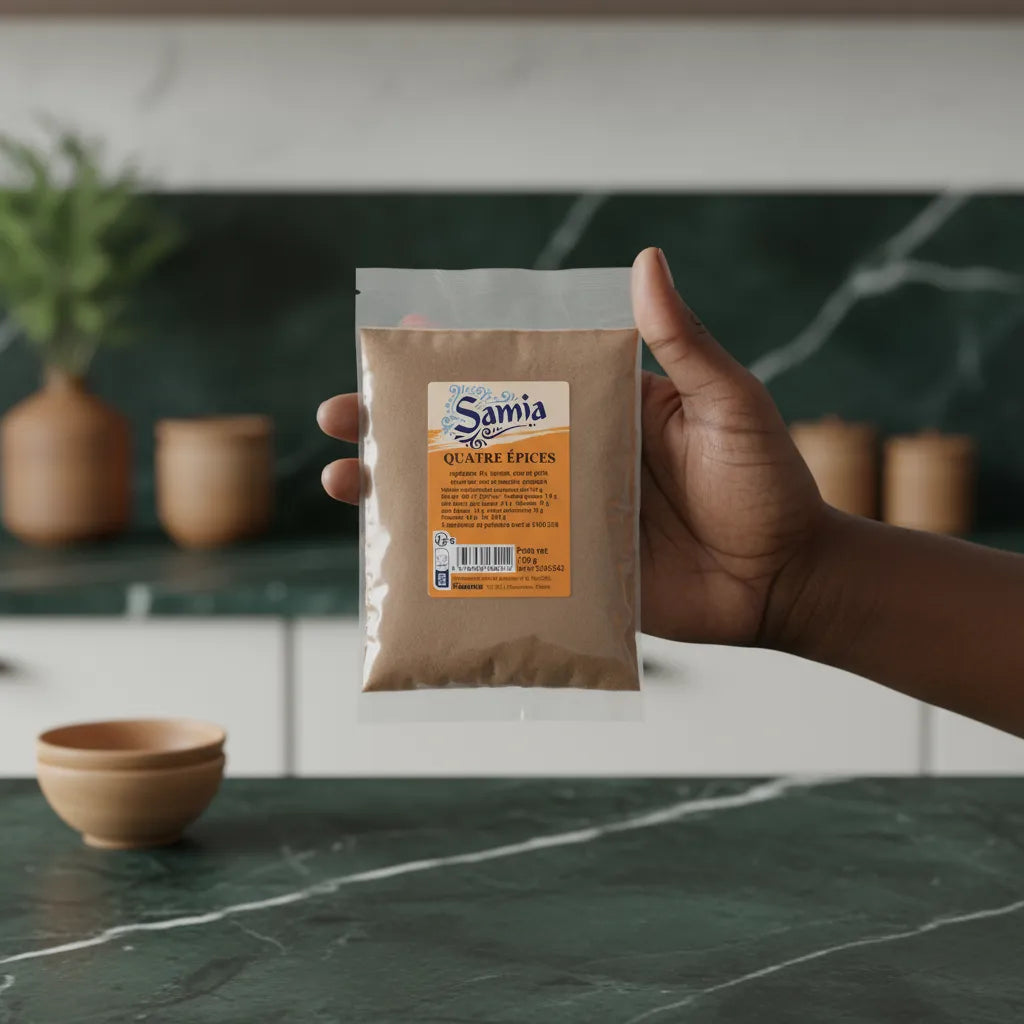 Main tenant un sachet de 4 Épices SAMIA dans une cuisine moderne, idéal pour rehausser les plats du quotidien.