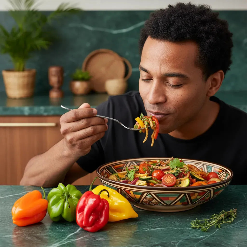 Homme dégustant un plat préparé avec du piment antillais surgelé, apportant une saveur intense et épicée à la cuisine maison.