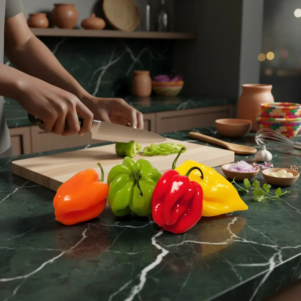 Préparation culinaire avec découpe de piment antillais surgelé, ingrédient essentiel pour une cuisine épicée et savoureuse.