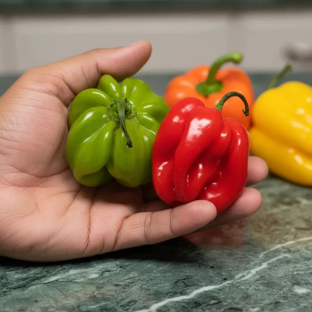 Main présentant deux piments antillais surgelés, rouge et vert, utilisés pour relever les plats avec une chaleur authentique.