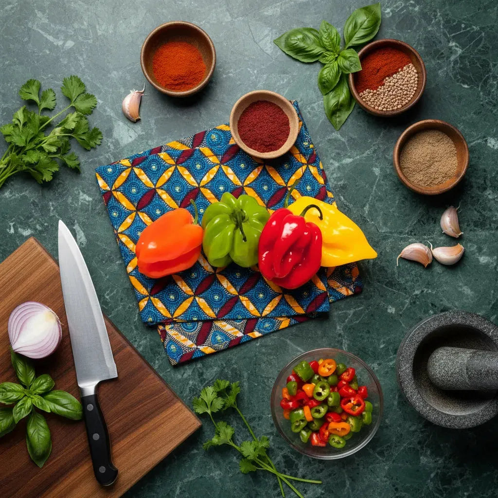 Piments antillais surgelés posés sur un tissu coloré avec épices et herbes, parfaits pour cuisine créole et plats relevés.