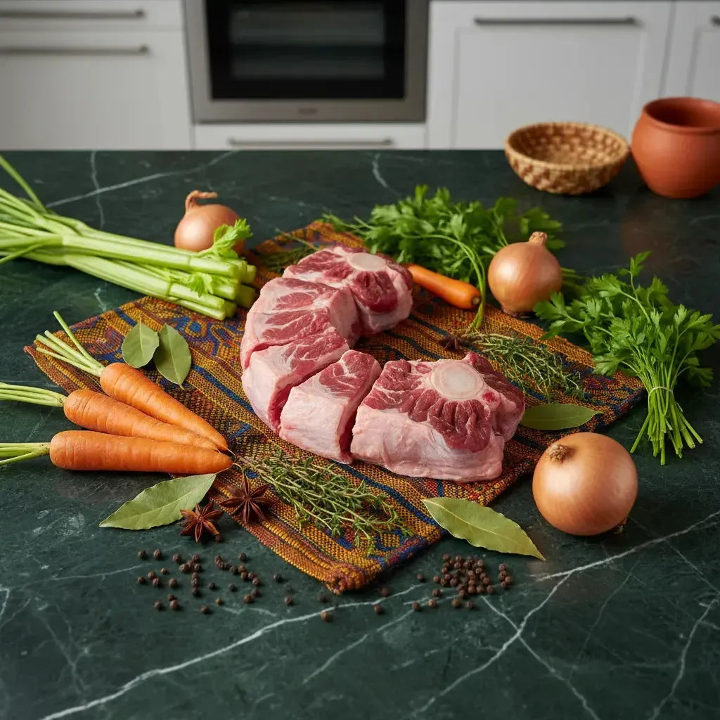 Queue de boeuf coupée crue présentée avec légumes frais sur plan de travail, parfaite pour préparer un ragoût riche en saveurs et textures.