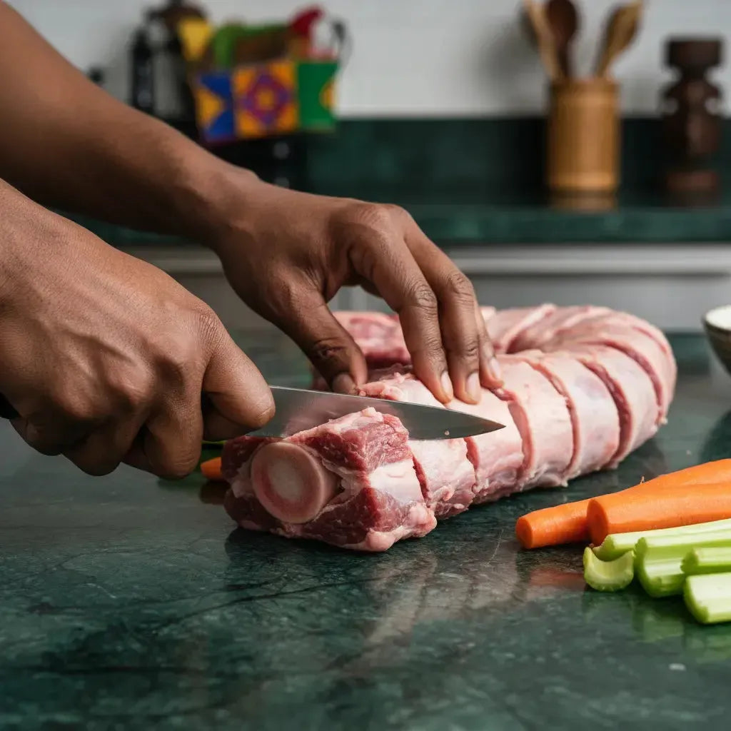 Découpe de queue de boeuf crue sur plan de travail avec légumes, idéale pour recettes mijotées et plats traditionnels riches en goût.