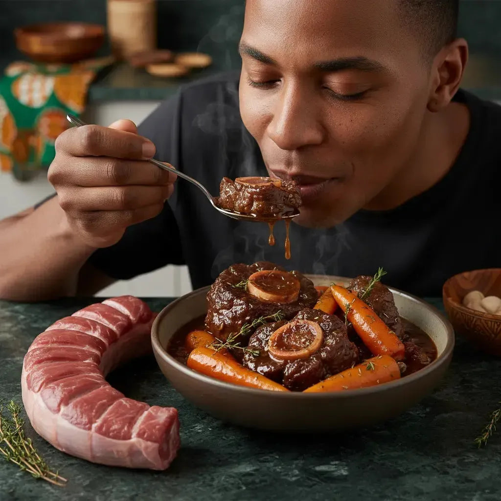 Homme dégustant un ragoût de queue de boeuf coupée, plat mijoté savoureux avec carottes, mettant en valeur la richesse de cette viande gélatineuse.