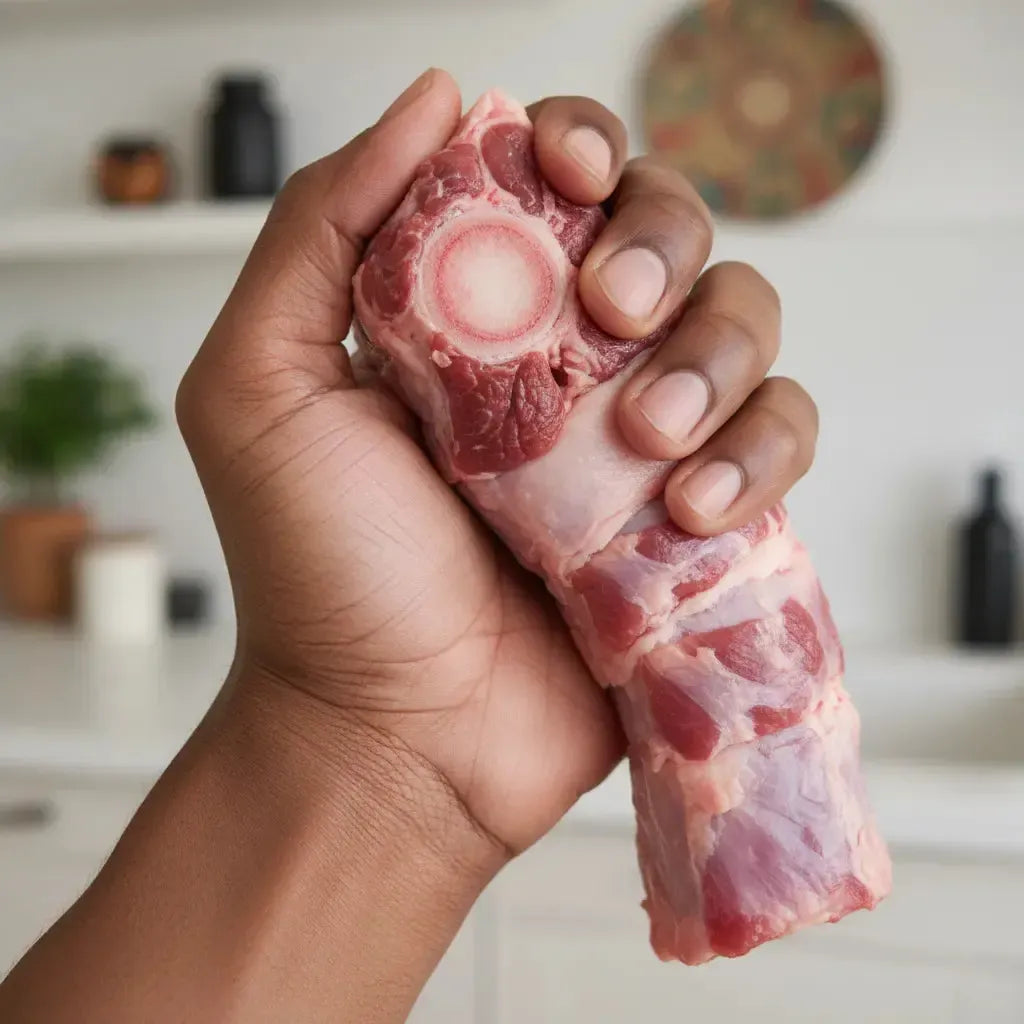Main tenant un morceau de queue de boeuf coupée crue, montrant la texture et l’os central, parfaite pour plats mijotés savoureux.