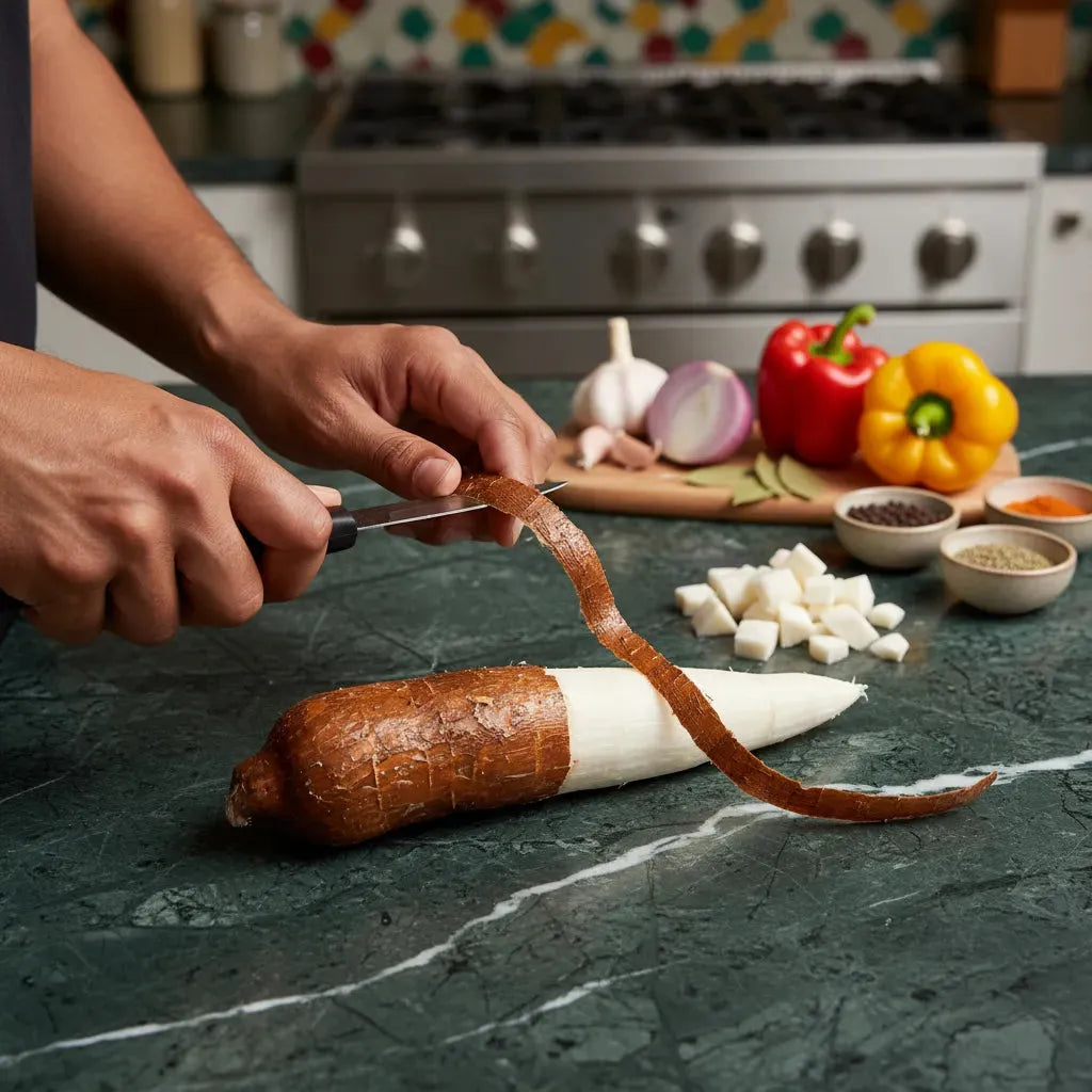 Préparation du manioc en cuisine, pelé et découpé pour diverses recettes. Racine riche en glucides, idéale pour plats traditionnels.