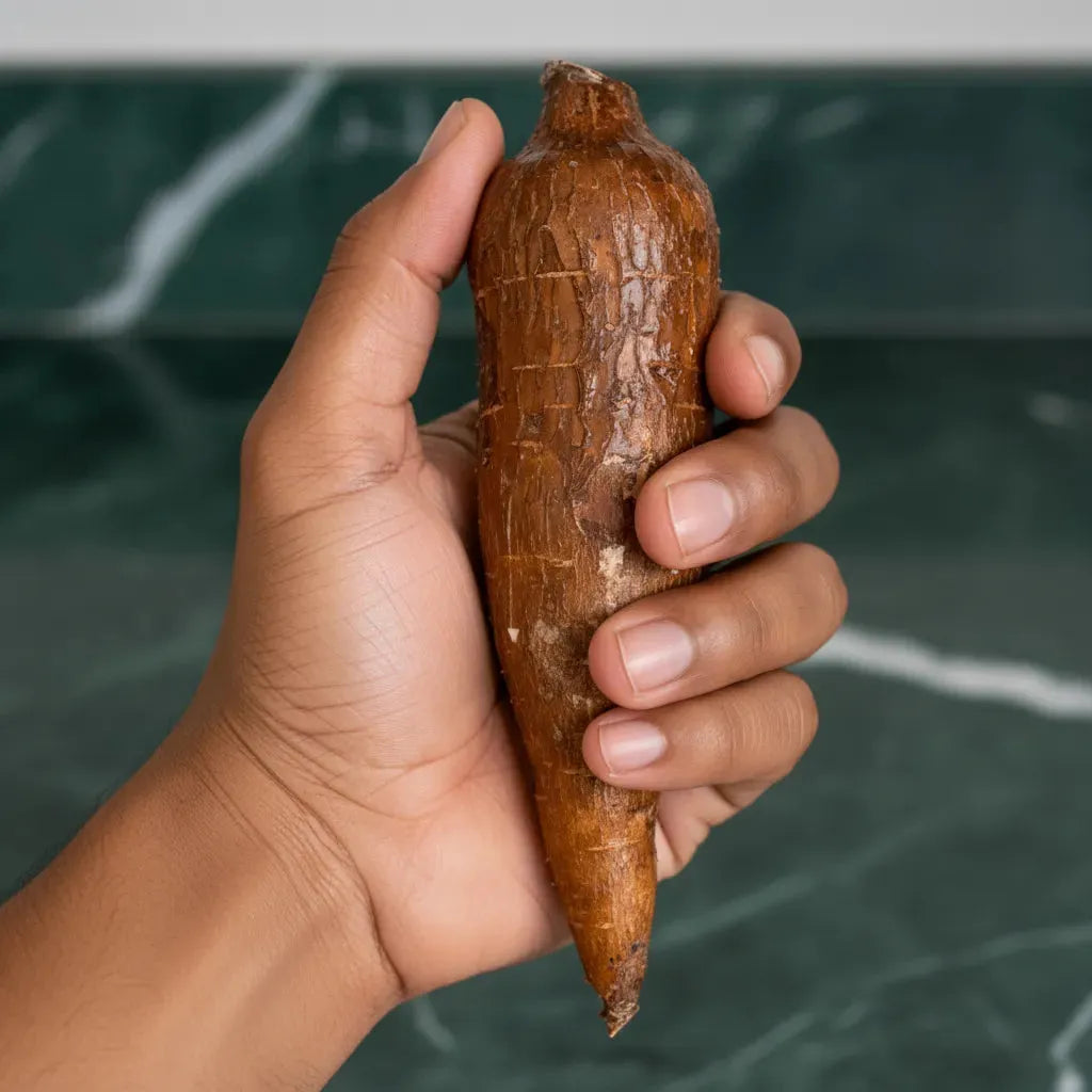 Main tenant un manioc frais, racine polyvalente en cuisine africaine et tropicale. Parfait pour bouillir, frire ou réduire en purée.