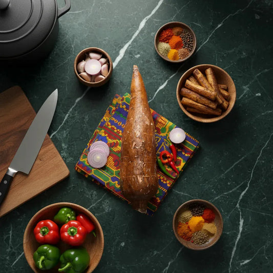 Manioc frais entouré d'ingrédients culinaires comme poivrons, oignons et épices. Racine essentielle pour recettes exotiques et savoureuses.