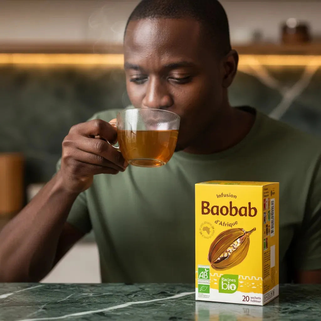 Homme dégustant une tasse d’infusion baobab bio RACINES, boisson chaude naturelle aux saveurs africaines, posée sur un plan de travail en marbre vert.