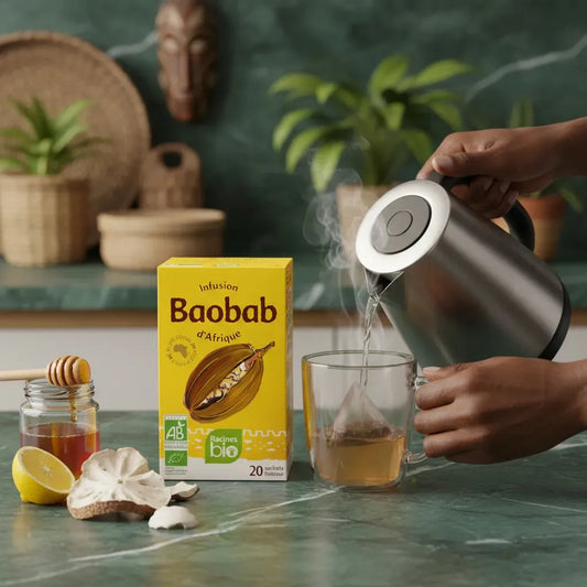 Préparation d’une infusion baobab bio RACINES avec eau chaude versée dans une tasse, accompagnée de citron, miel et racines de baobab séchées.