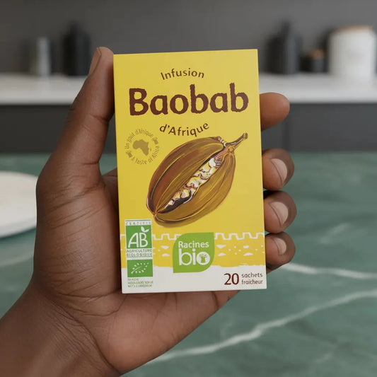 Main tenant une boîte d’infusion baobab bio RACINES, format 20 sachets, idéale pour une boisson douce et acidulée à base de baobab africain.