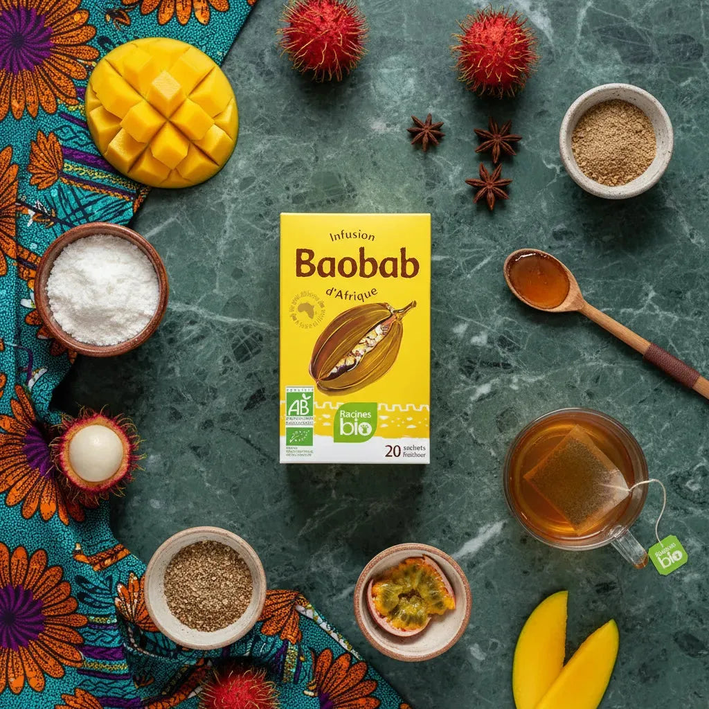 Infusion baobab bio RACINES entourée d’ingrédients exotiques comme mangue, fruit de la passion et épices, sur fond de tissu africain coloré.