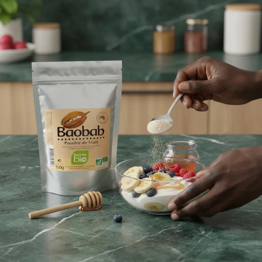 Cuillère de Poudre de Baobab BIO Racines ajoutée à un bol de yaourt aux fruits, source naturelle de vitamine C pour une alimentation saine.