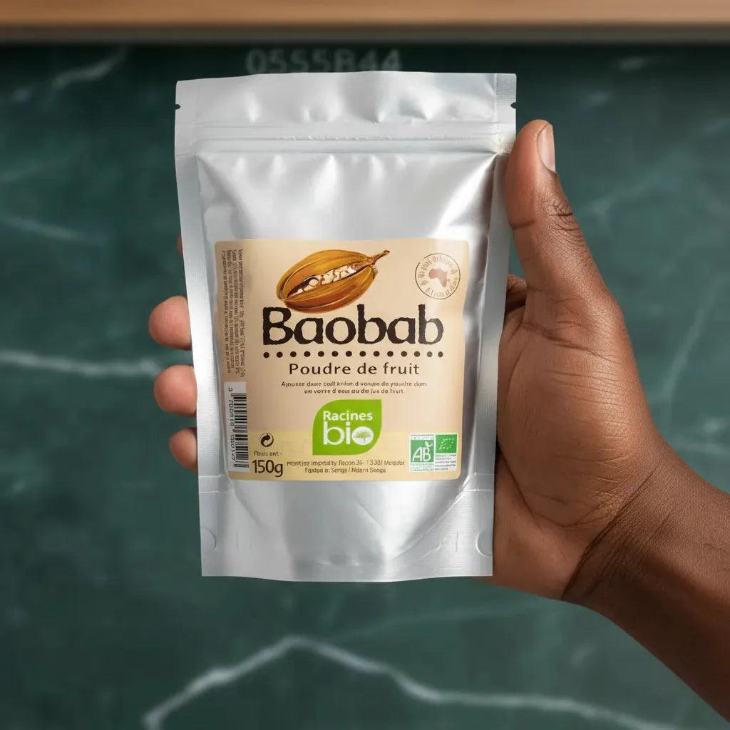 Main tenant un sachet de Poudre de Baobab BIO Racines 150g, produit certifié AB, idéal pour l'épicerie sucrée et les préparations fruitées bio.