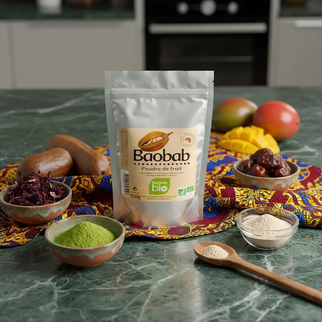 Poudre de Baobab BIO Racines entourée d'ingrédients naturels comme hibiscus, dattes et mangue, parfaite pour recettes sucrées et nutrition équilibrée.