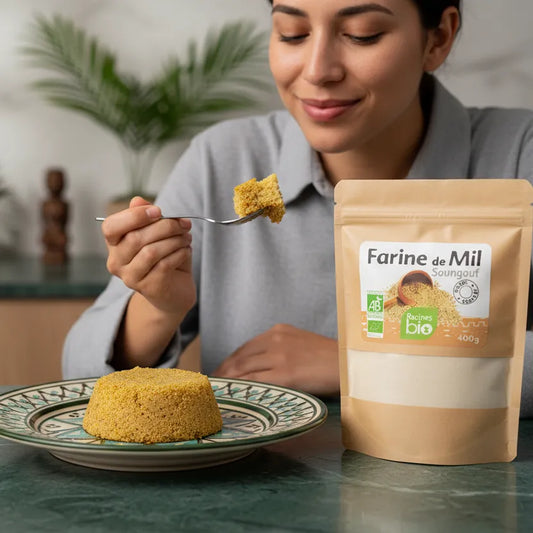 Femme dégustant un gâteau préparé avec la Farine de Mil RACINES BIO, farine bio idéale pour desserts et plats traditionnels africains.
