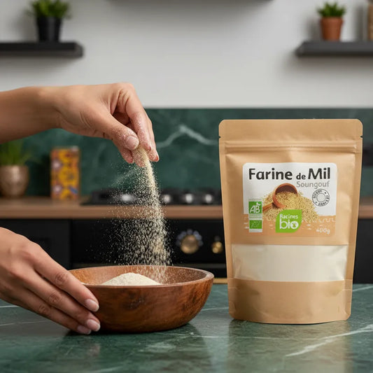 Utilisation de la Farine de Mil RACINES BIO en cuisine, versée dans un bol en bois, parfaite pour plats sucrés salés et alimentation saine.