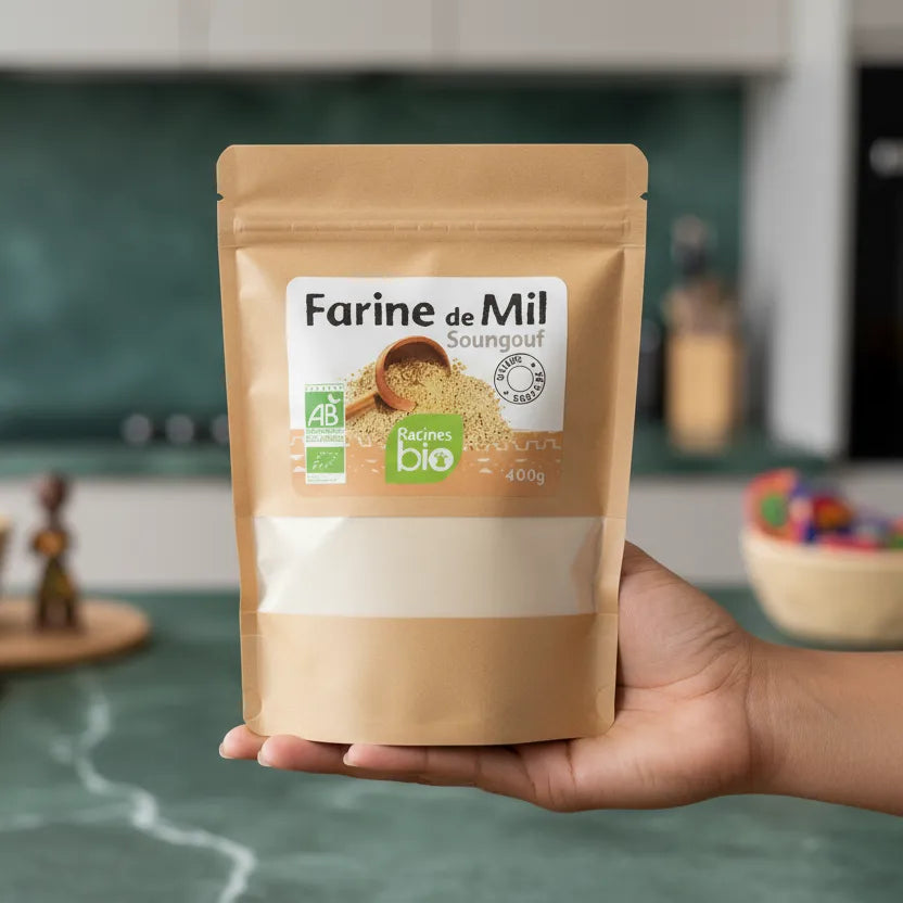 Farine de Mil RACINES BIO tenue à la main dans une cuisine moderne, produit bio pour recettes sucrées salées et alimentation équilibrée.