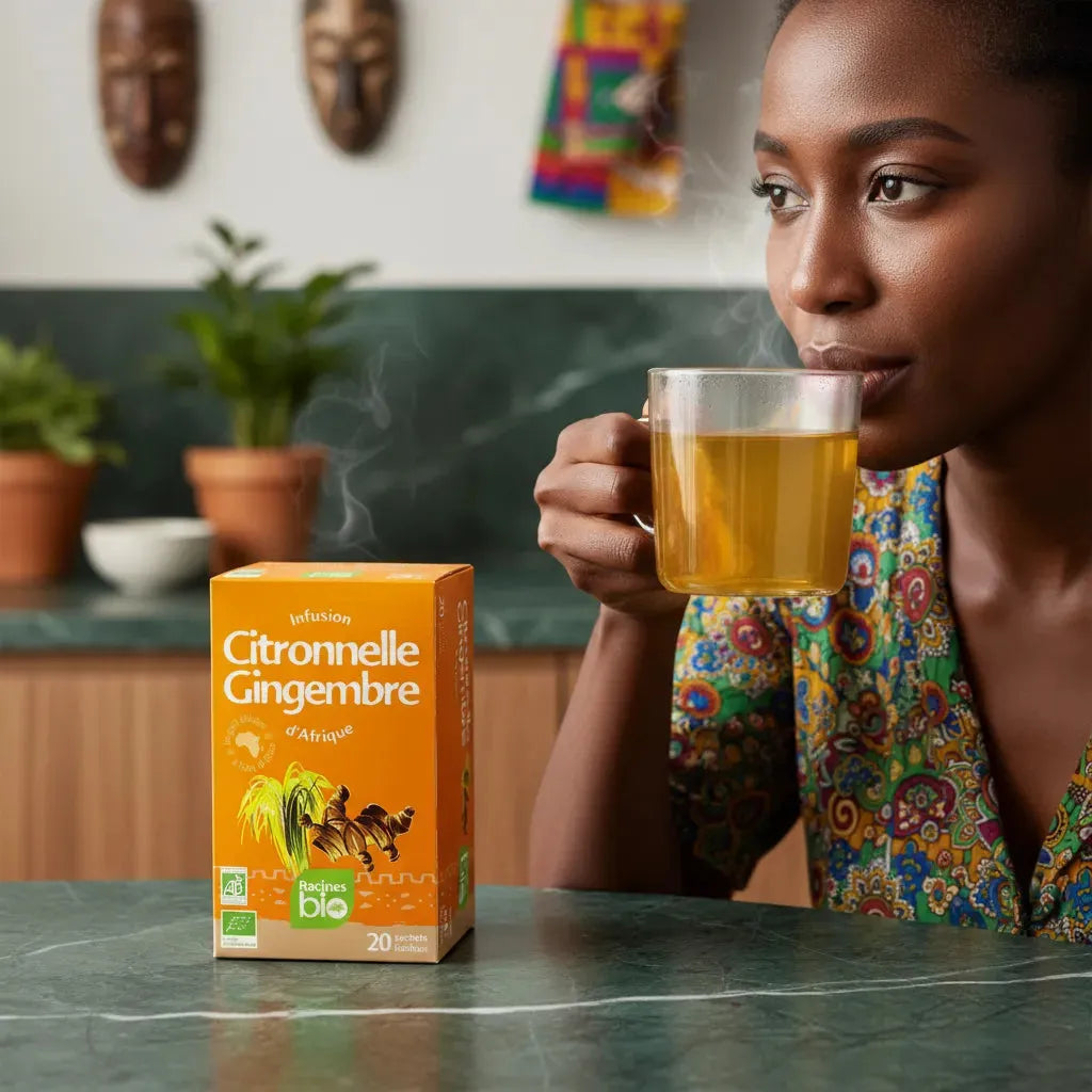 Femme dégustant une tasse d'infusion citronnelle gingembre bio RACINES, boisson chaude et revitalisante aux saveurs naturelles africaines.