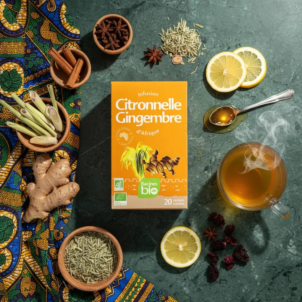 Infusion citronnelle gingembre bio RACINES entourée d'ingrédients naturels comme citron, gingembre, cannelle et citronnelle sur fond vert.