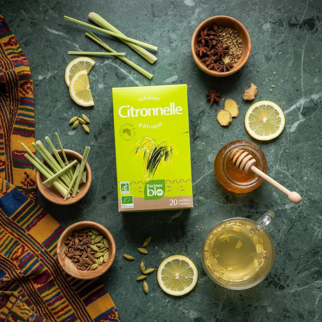 Infusion BIO Afrique citronnelle Racines entourée d'ingrédients naturels comme citron, gingembre et miel. Boisson apaisante et tonifiante.