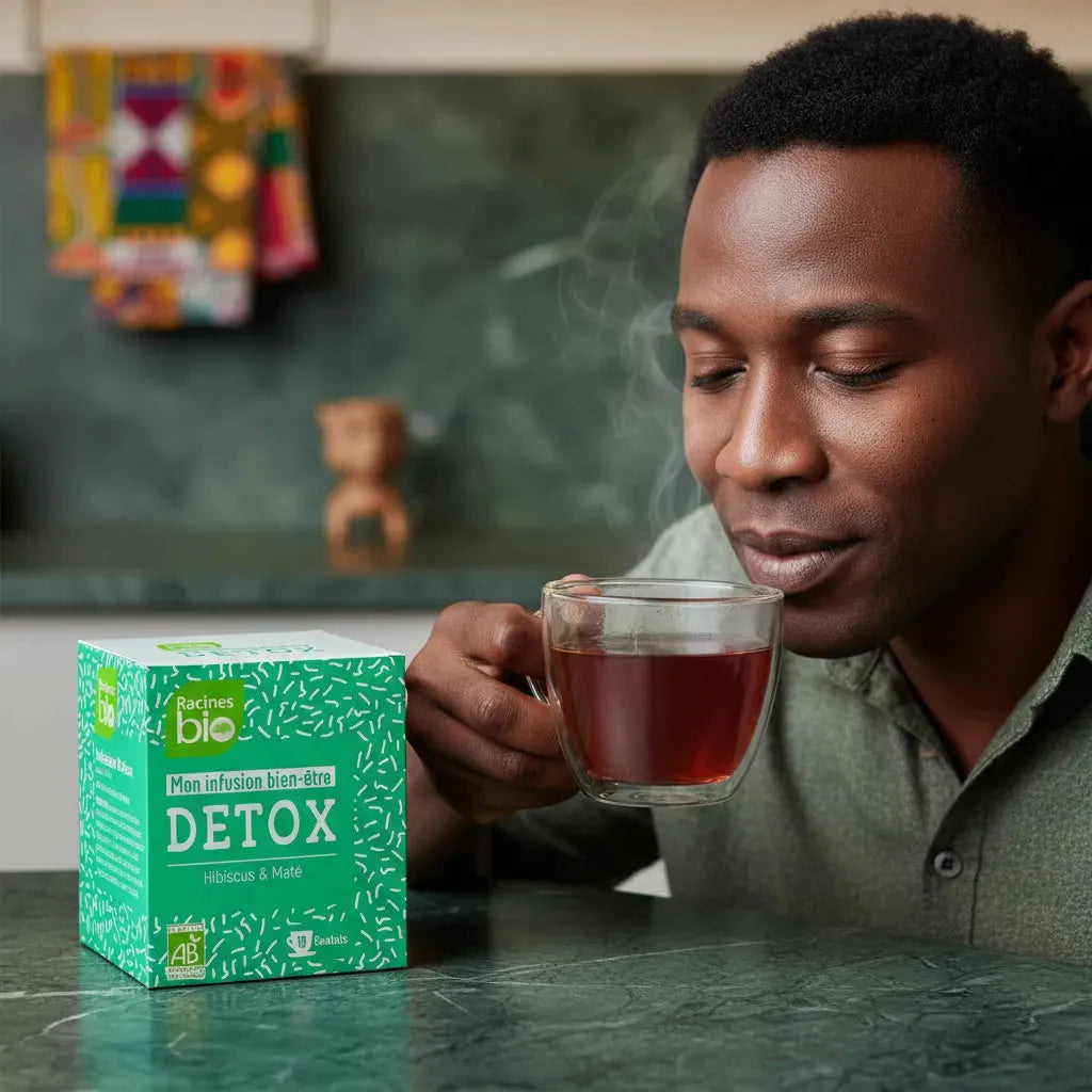 Homme dégustant une tasse d'infusion Detox BIO RACINES, infusion bien-être à base de plantes pour un moment de détente revitalisant.