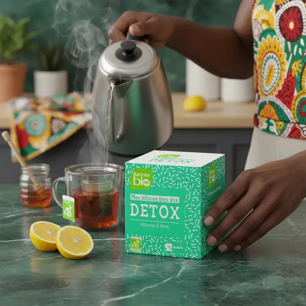 Préparation d'une infusion Detox BIO RACINES avec eau chaude et citron, mélange bio hibiscus et maté pour une routine détox saine.