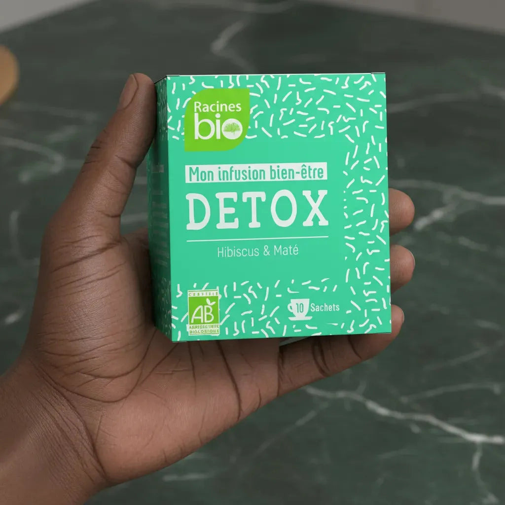 Main tenant une boîte d'infusion Detox BIO RACINES, mélange bio hibiscus et maté, 10 sachets pour bien-être et relaxation naturelle.
