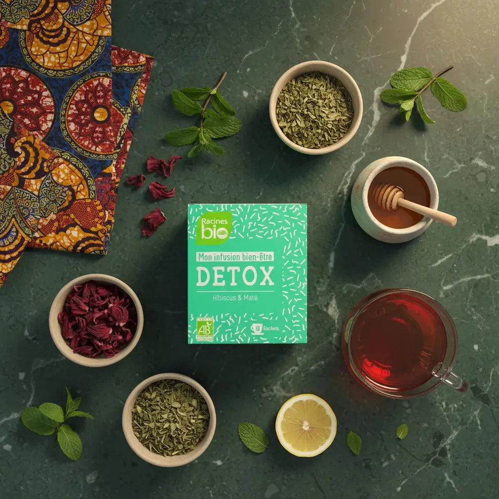 Infusion Detox BIO RACINES entourée d'ingrédients naturels comme hibiscus, maté, citron et miel, idéale pour une pause bien-être.