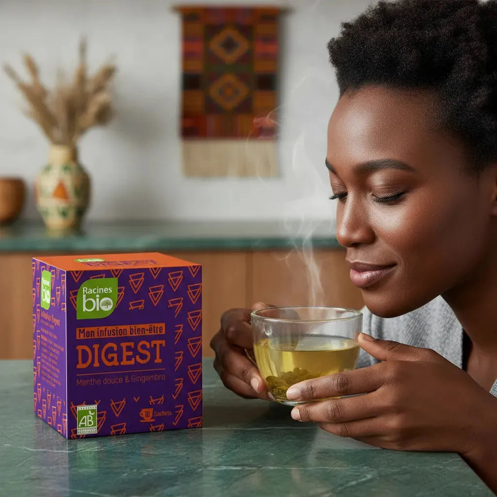 Femme savourant une tasse d'infusion bien-être Digest BIO Racines, arômes apaisants de menthe douce et gingembre pour digestion naturelle.