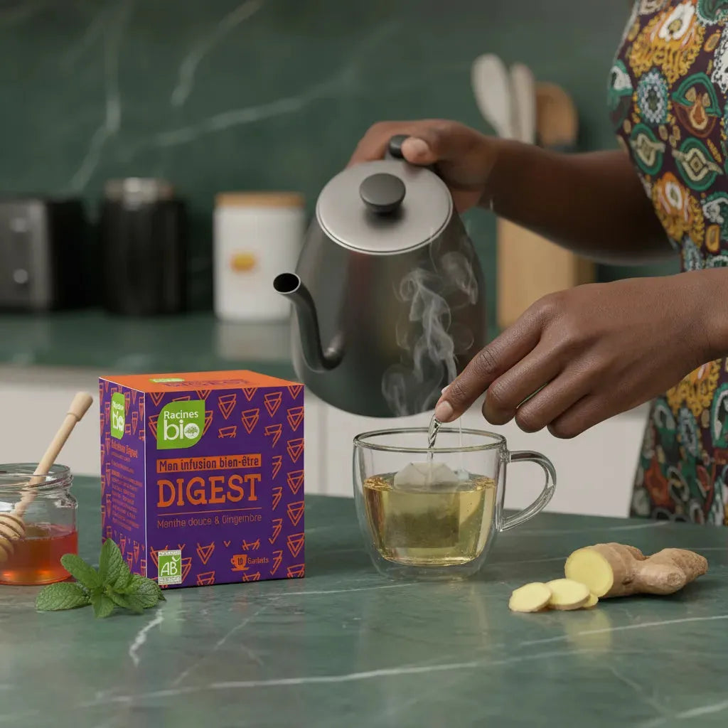 Préparation d'une infusion Digest BIO Racines avec théière, gingembre frais et miel, pour un confort digestif bio et naturel.