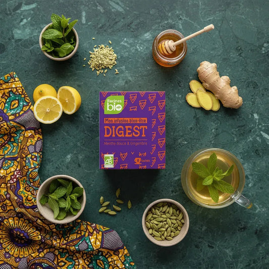 Infusion Digestive BIO Racines entourée d'ingrédients naturels comme citron, gingembre, menthe et cardamome, idéale après repas.