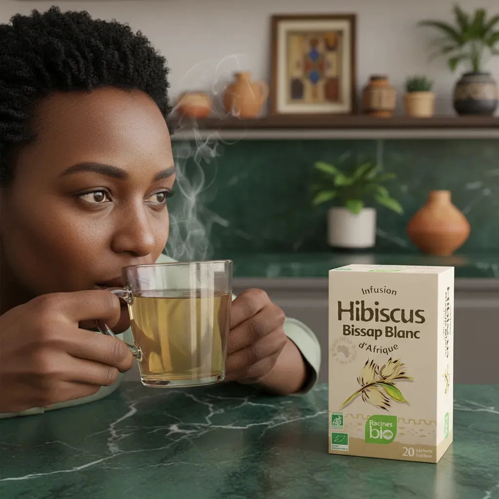 Femme dégustant une tasse d'infusion hibiscus blanc BIO RACINES, boisson chaude bio et rafraîchissante dans un cadre apaisant.
